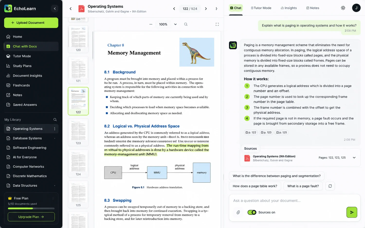 Illustrative EchoLearn study workspace with document reader and AI study chat