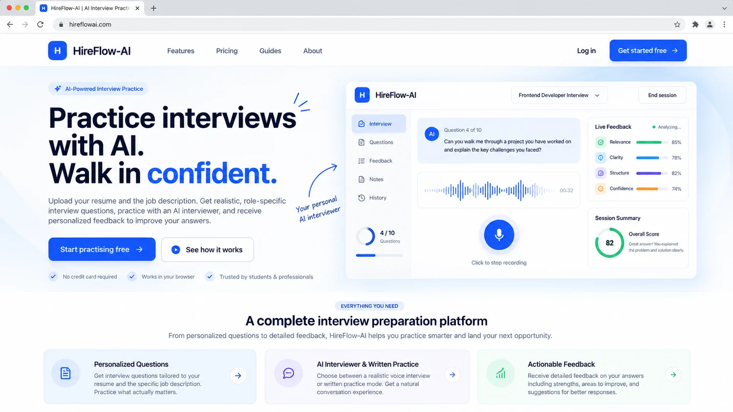 Illustrative HireFlow AI interview practice and feedback dashboard